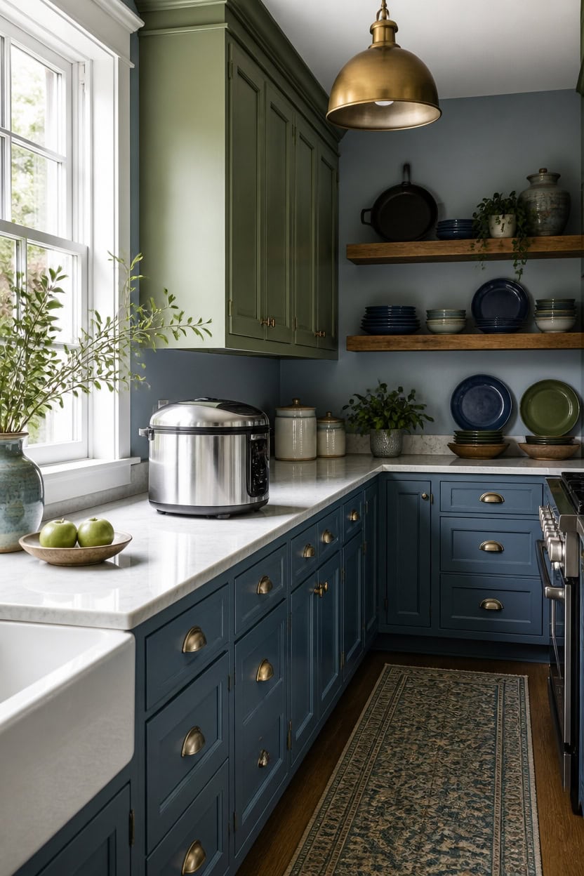 blue green kitchen cast skillet centerpiece