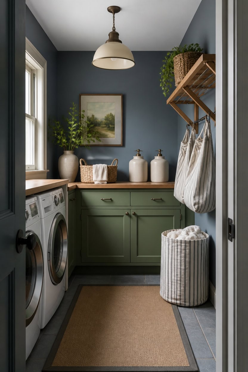 blue green laundry room setup