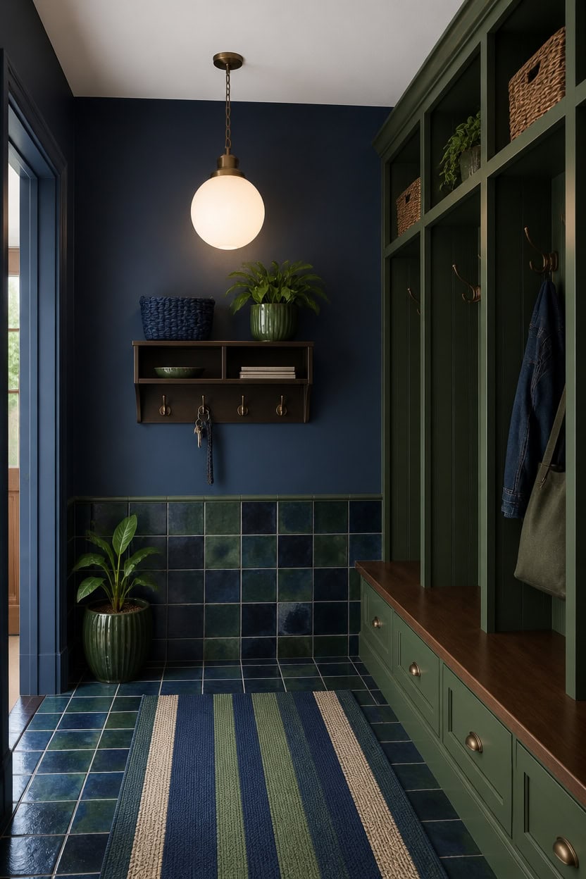 blue green mudroom entryway vignette