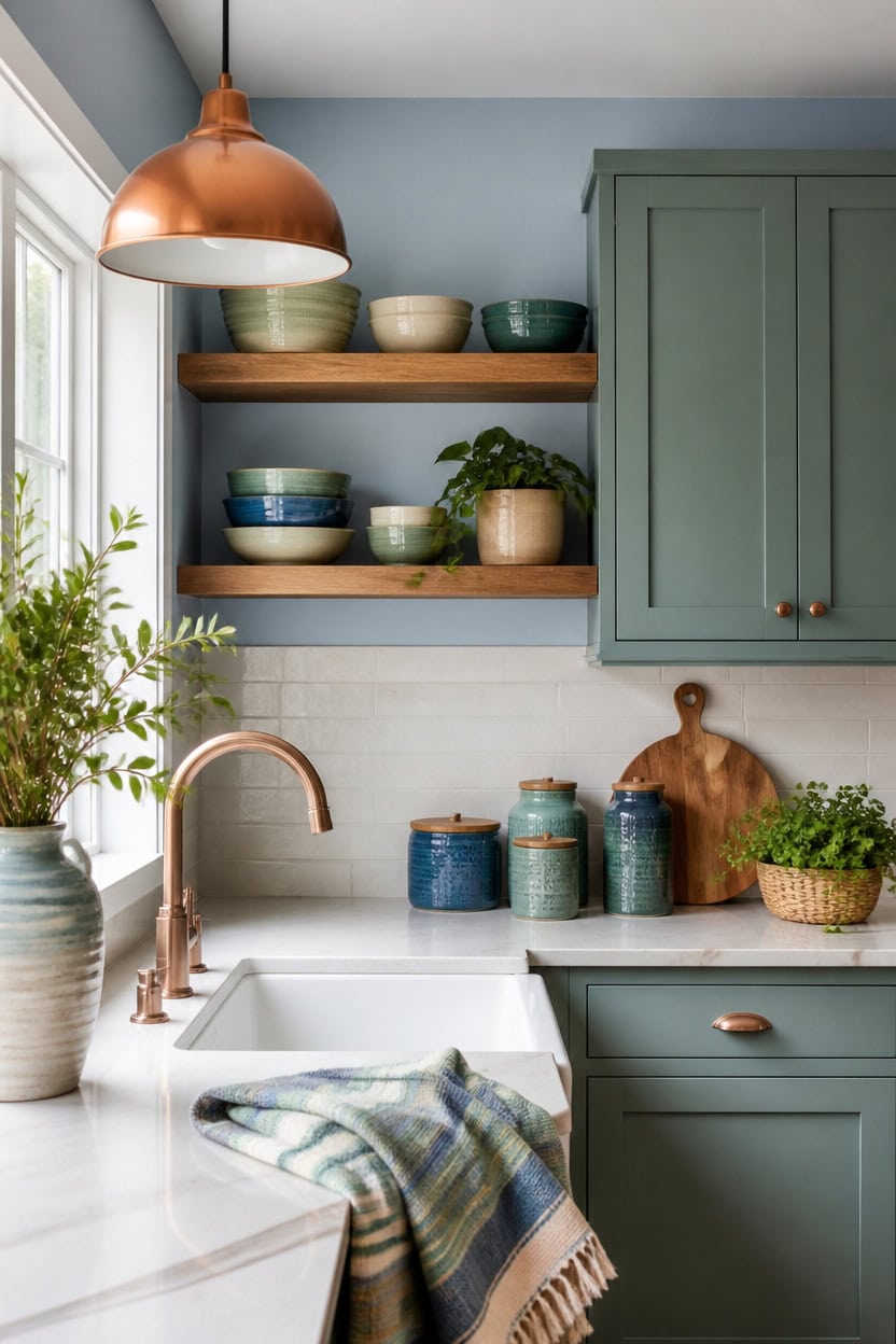 blue green open shelf kitchen display