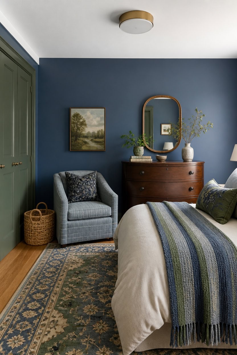 blue green personal bedroom vignette