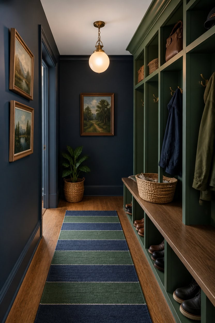 blue green striped entryway vignette