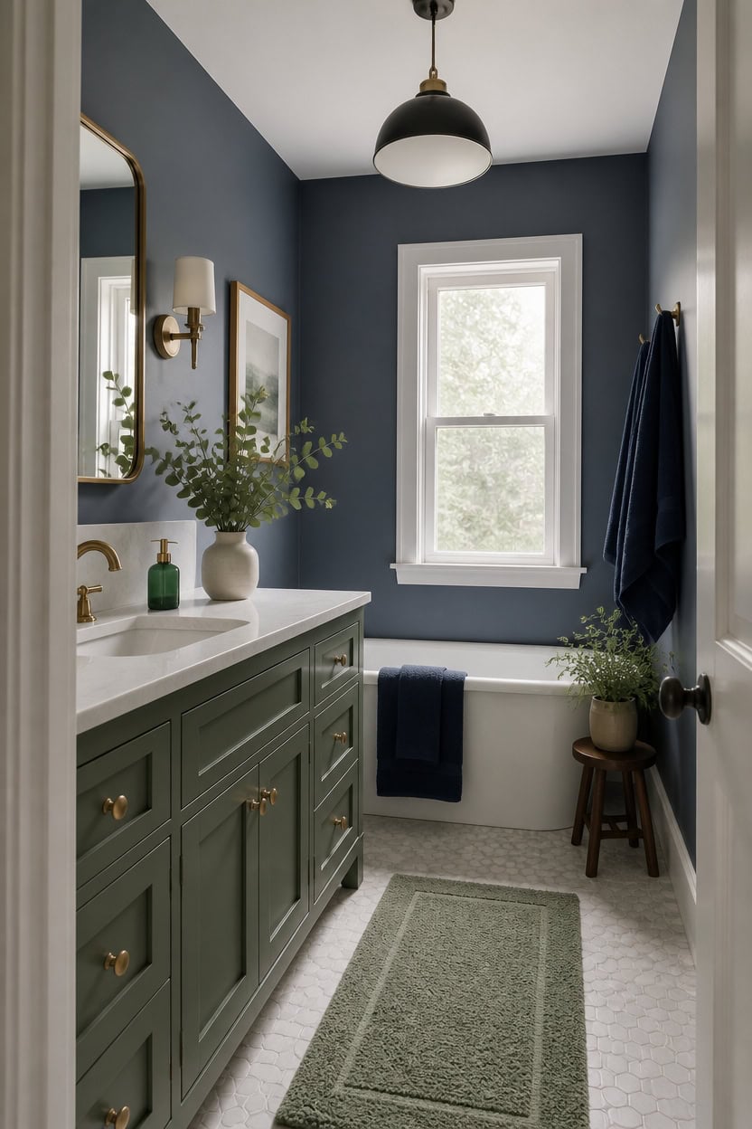 blue led bathroom with eucalyptus