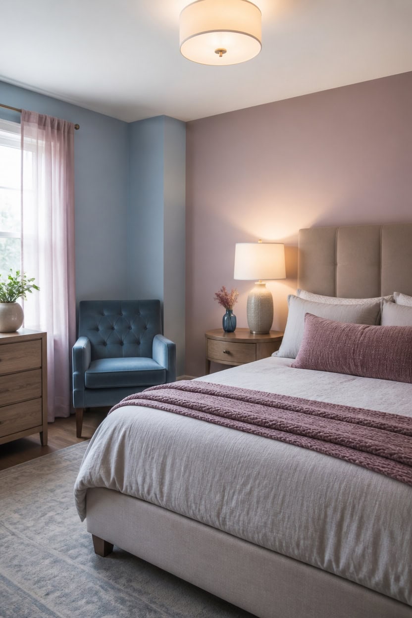 blue mauve serene bedroom vignette