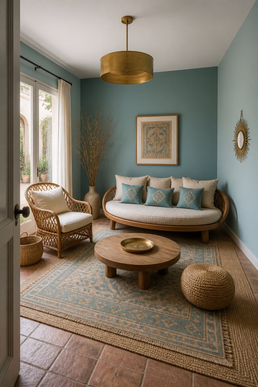 Stylish living room with teal walls, rattan furniture, and natural light.