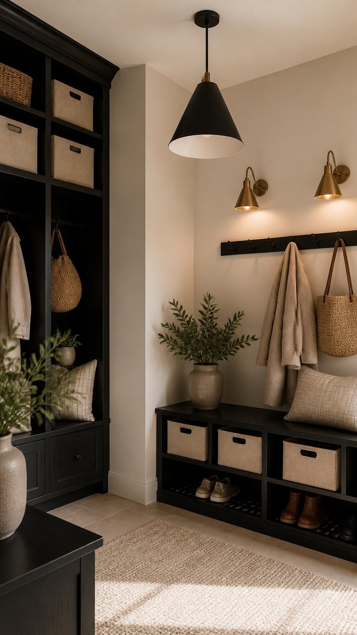 bold black beige gold mudroom