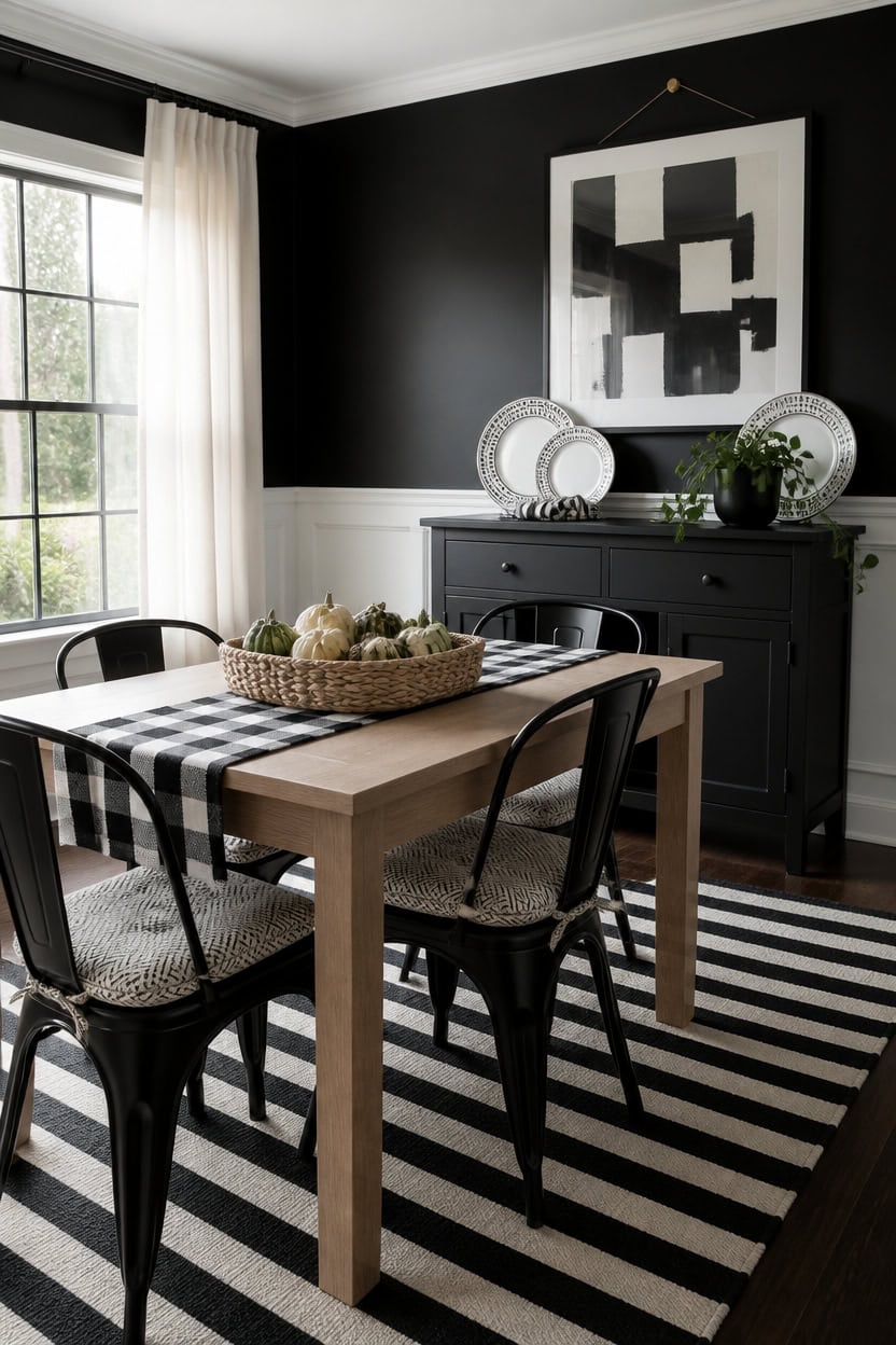 Modern dining room with black walls, white trim, and stylish table setting.