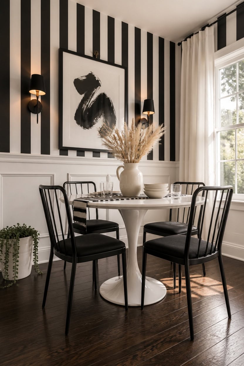 Modern dining room with black and white striped walls, round table, and black chairs.