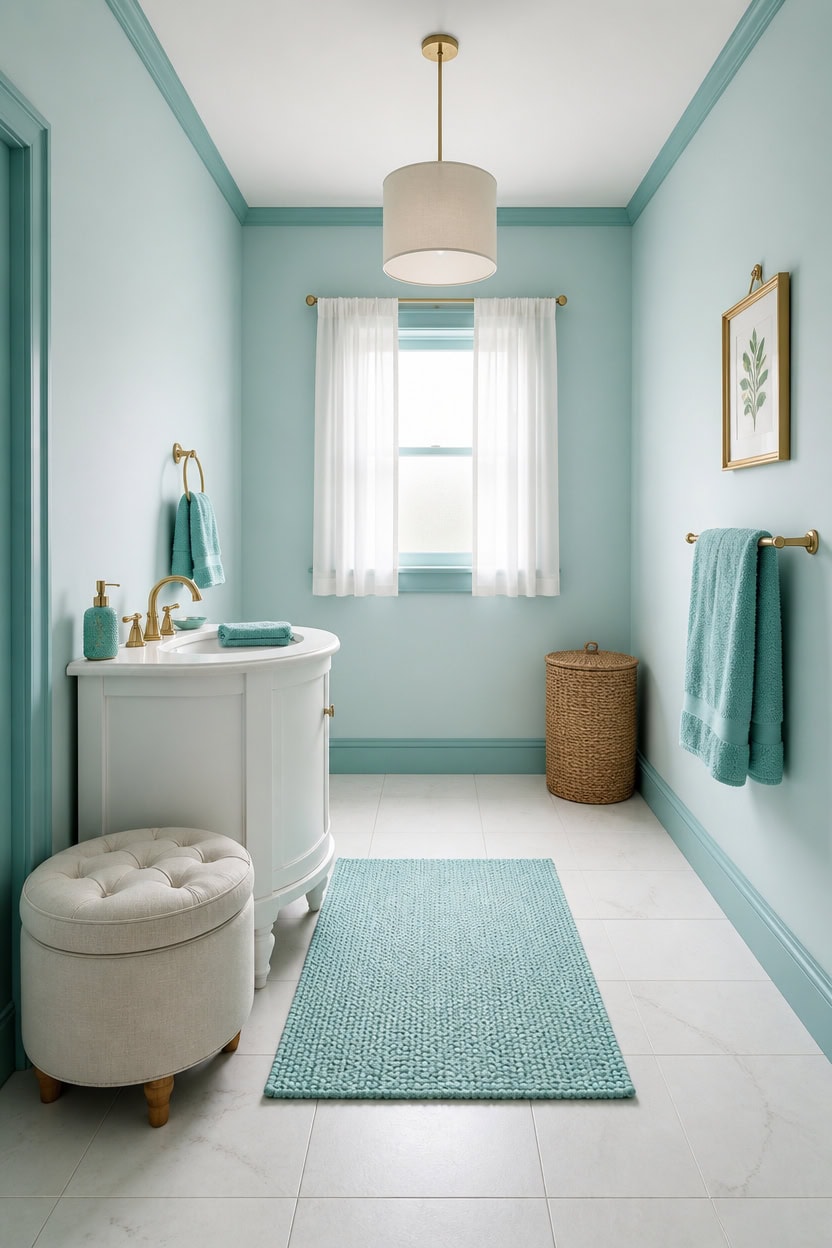 Bright bathroom with aqua walls, white vanity, and matching towels.