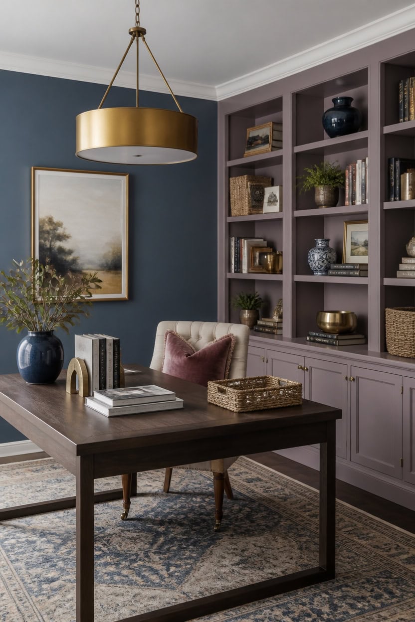 brass accents with mauve blue