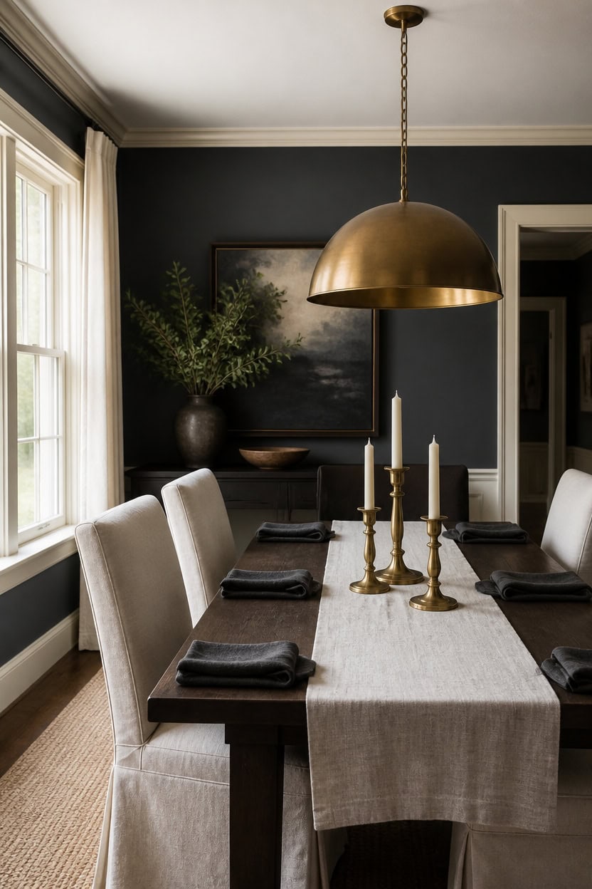 brass chandelier against charcoal walls