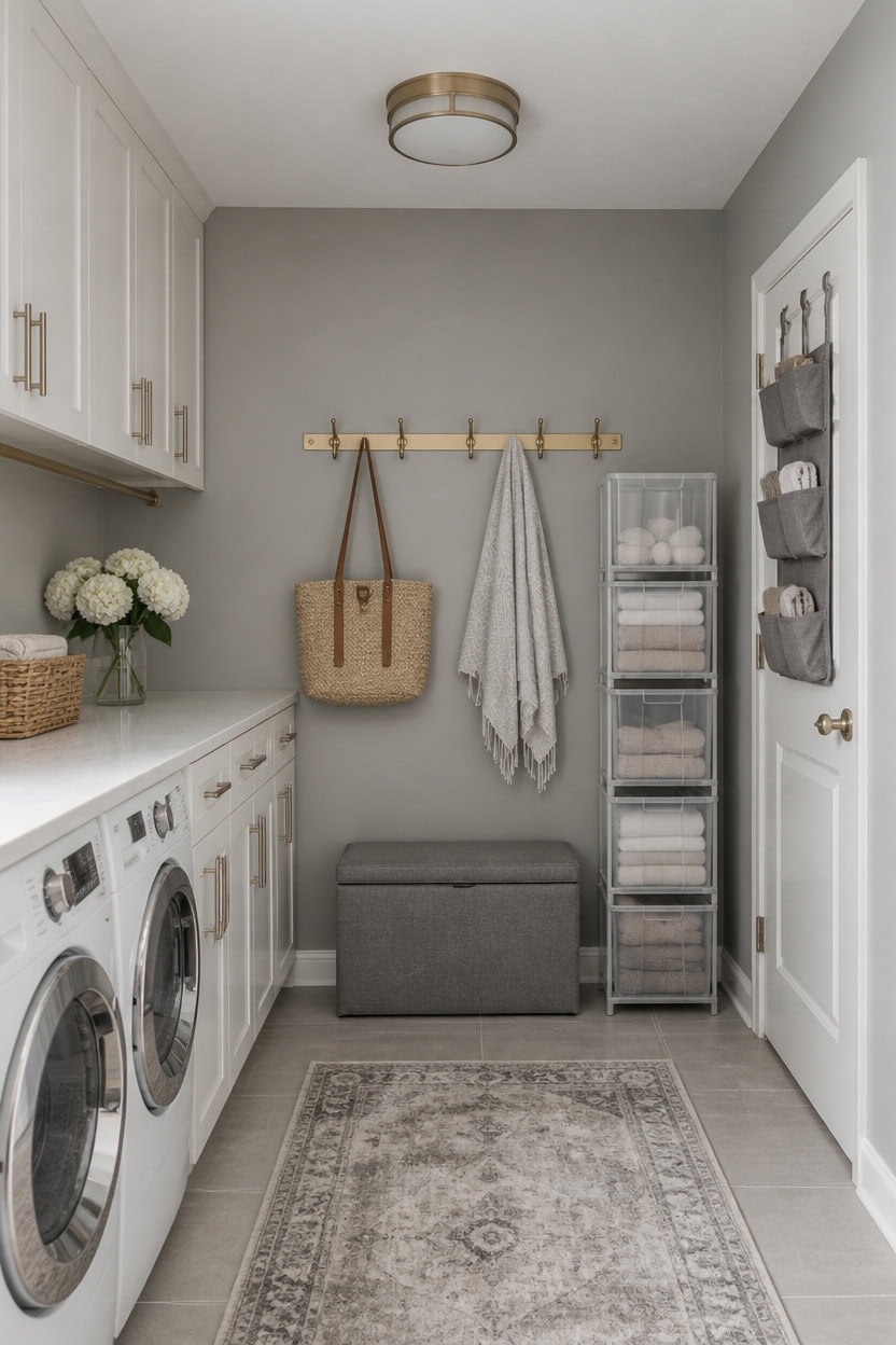 brass hooks against gray white