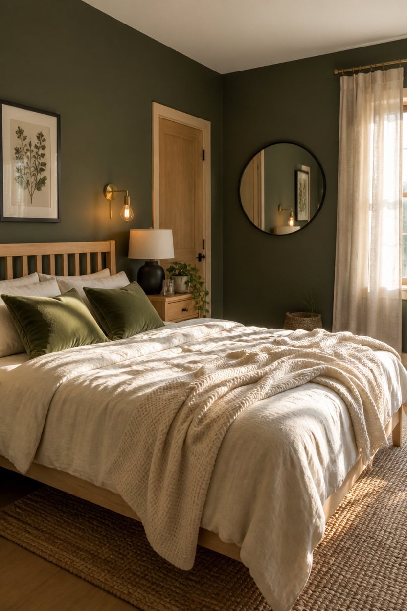 Comfortable bedroom with green walls, wooden furniture, and natural sunlight streaming through the窗.