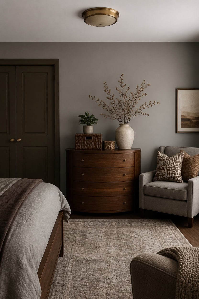 brown furnishings anchor gray bedroom