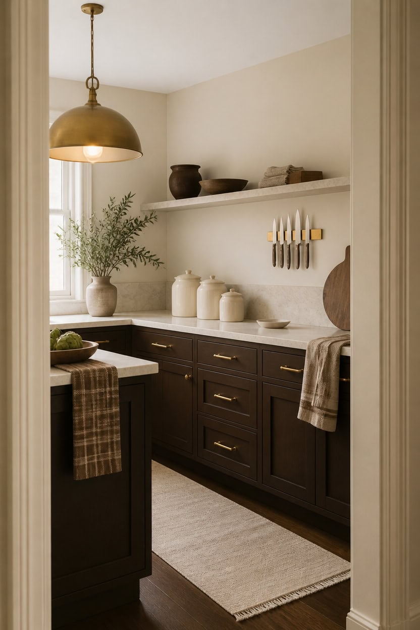 brushed brass warms cream brown
