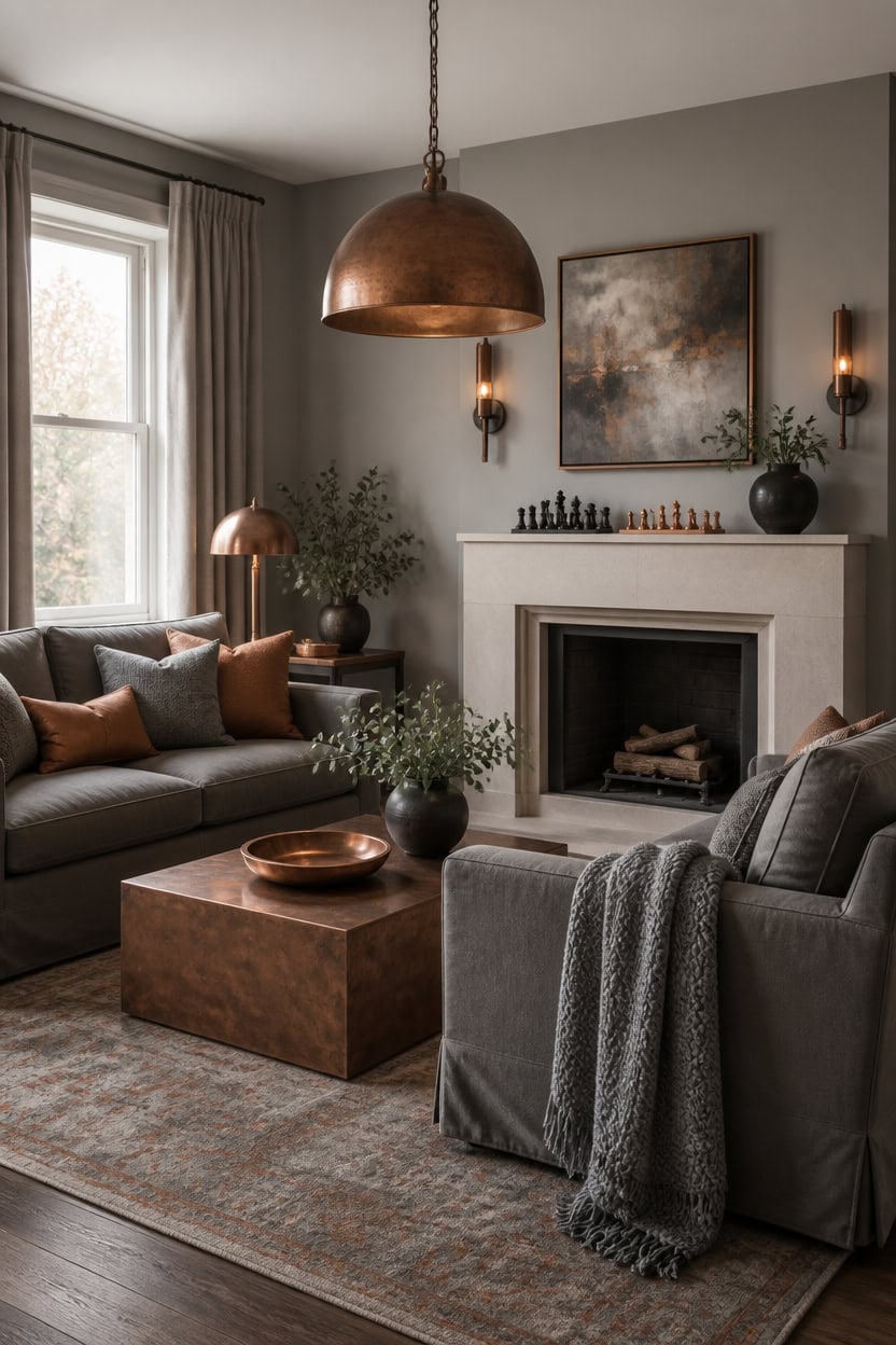 brushed copper warms gray