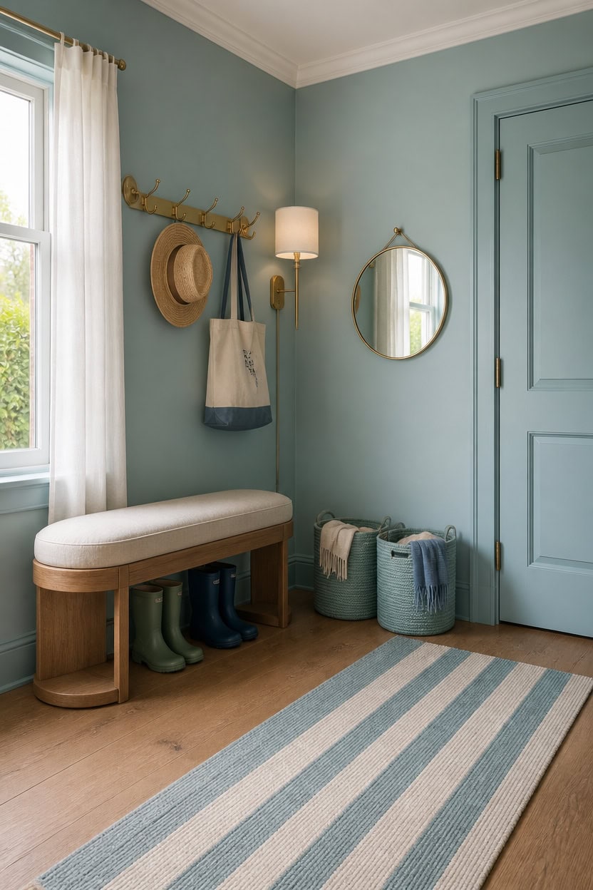 Cozy entryway with a blue door, mirror, and storage baskets.