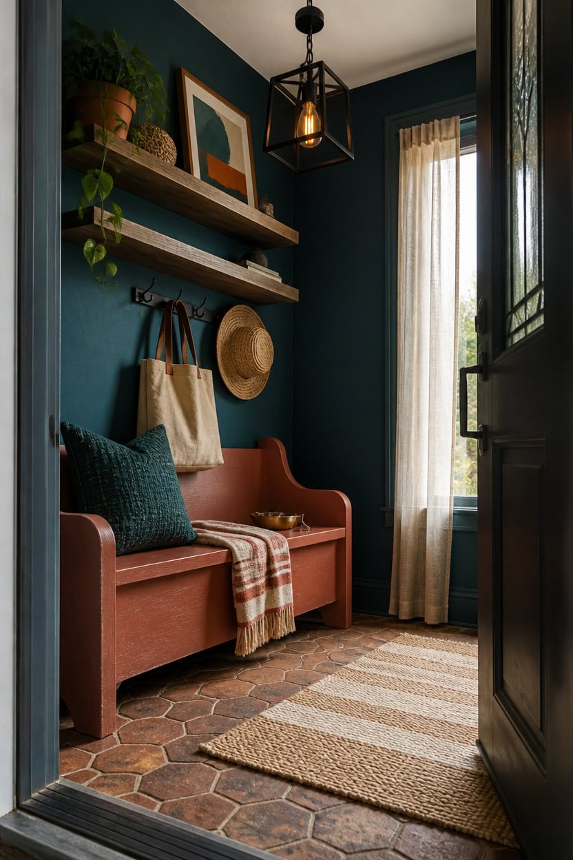 Inviting entryway with teal walls, wooden shelves, and natural light.