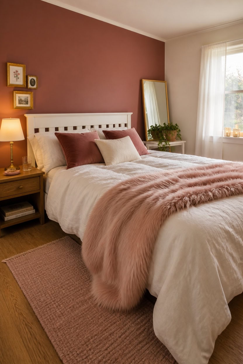 Comfortable bedroom with pink accent wall, plush bedding, and natural light.
