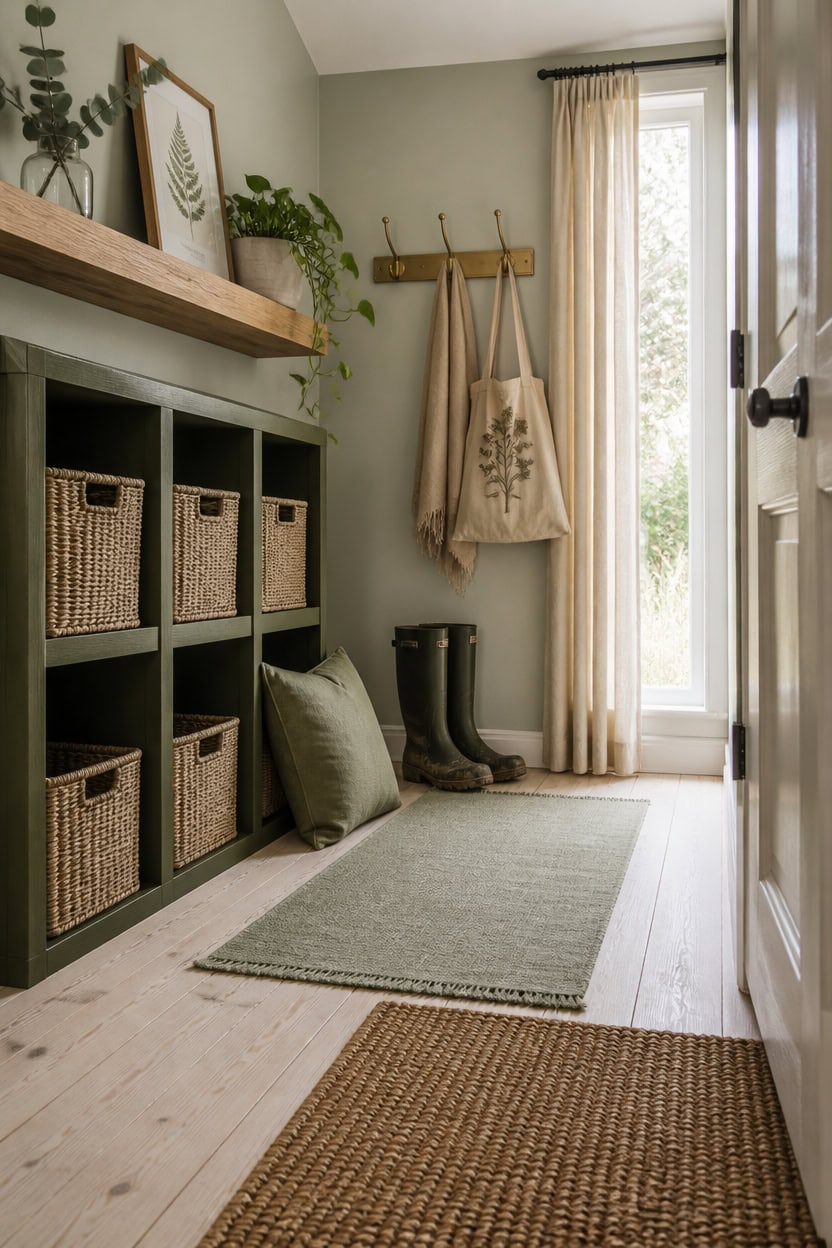 Inviting entryway with storage, plants, and natural light at Apartment ABC.