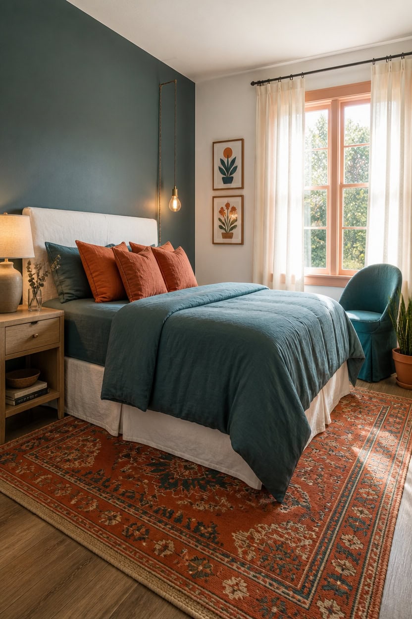 Comfortable bedroom with teal bedding, natural light, and stylish wall art.