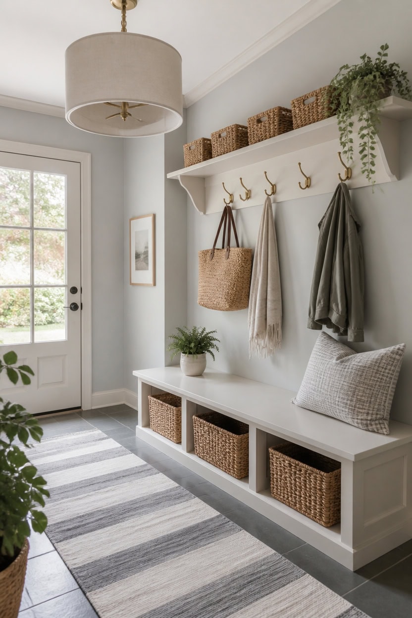 budget friendly gray and white mudroom