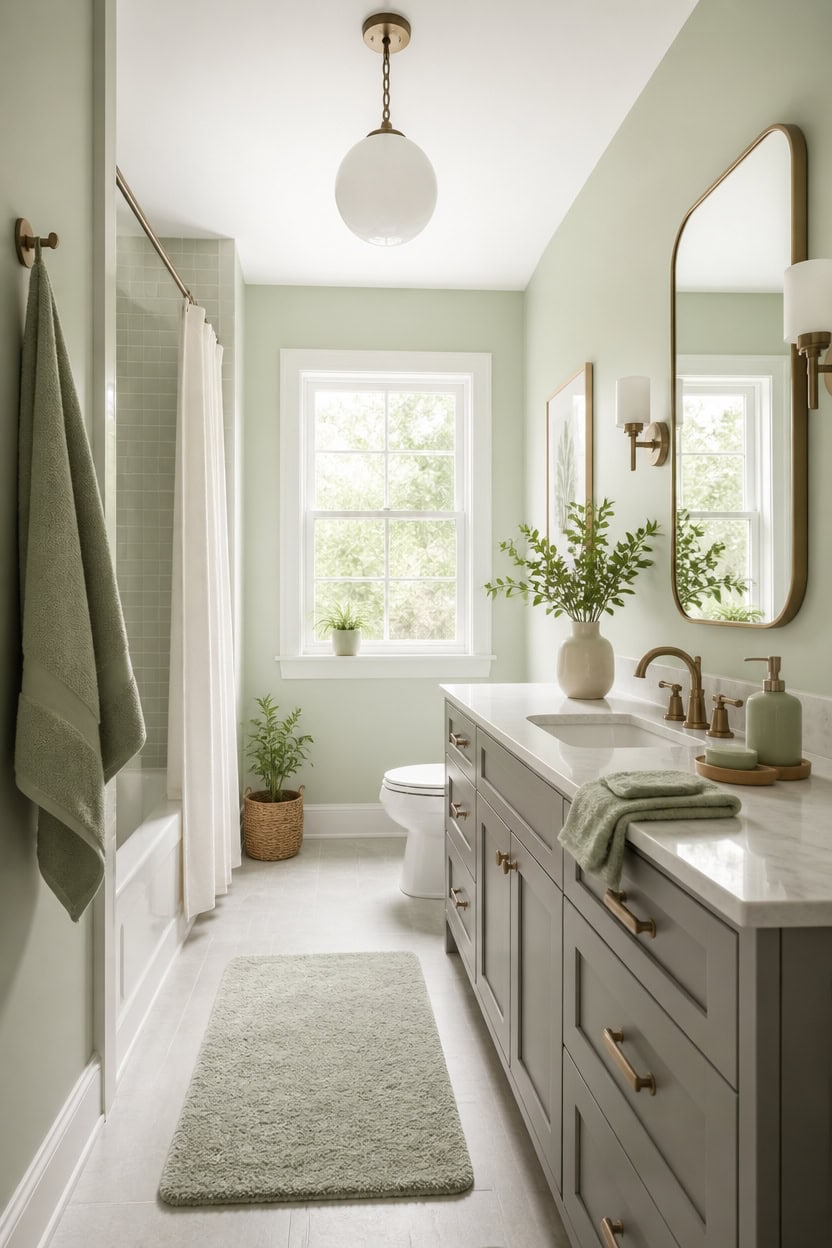 budget friendly green gray bathroom