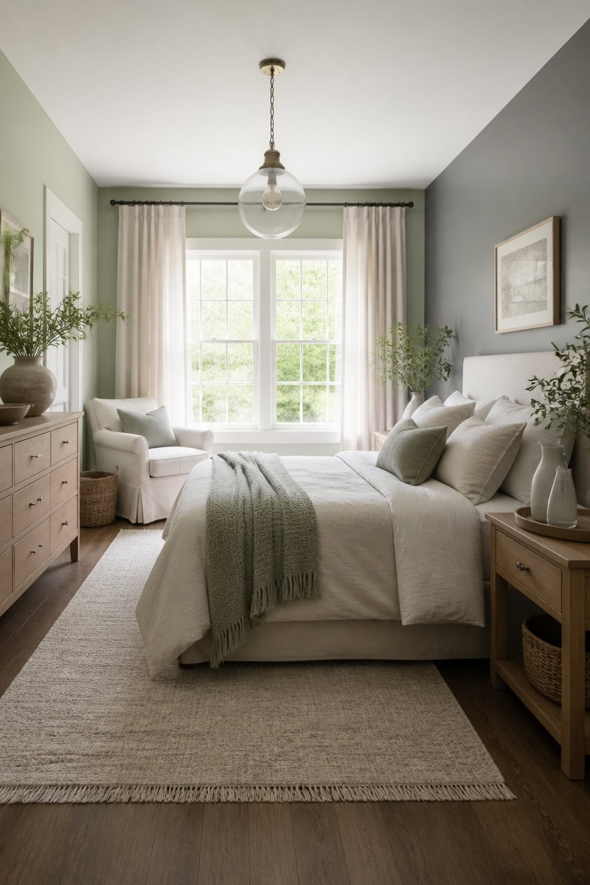 budget green gray bedroom refresh