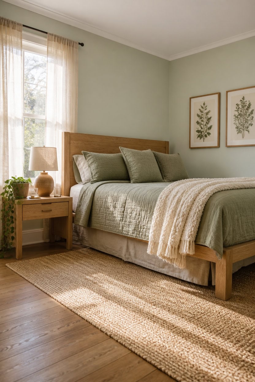 Bright bedroom with green bedding, wooden furniture, and natural light from window.