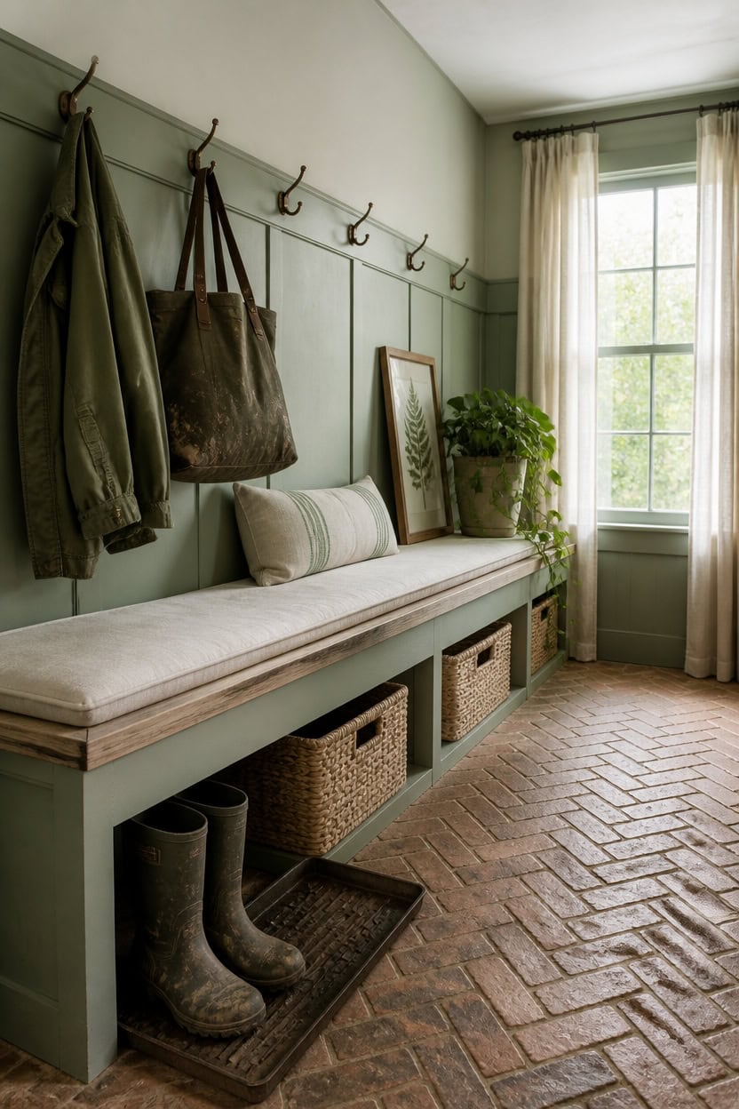 Bright mudroom with hooks, bench, and window view at Apartment ABC.