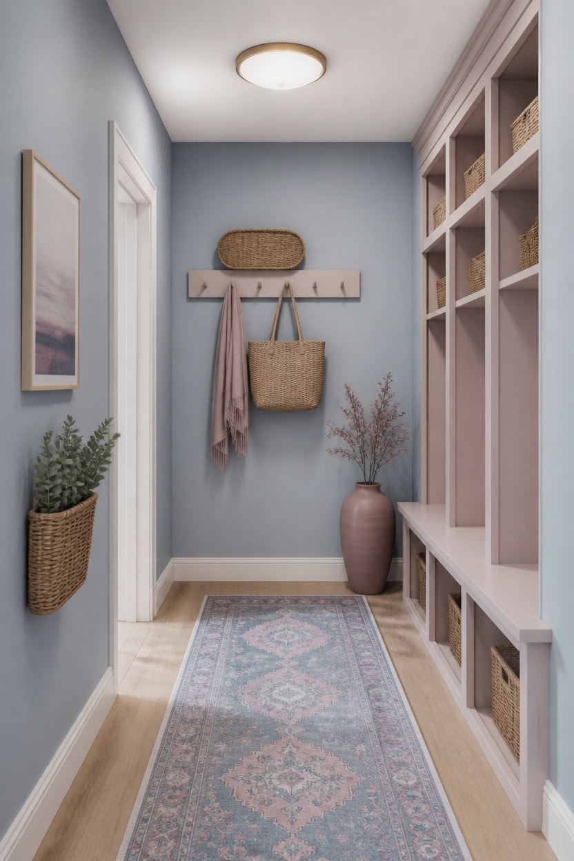calm blue and mauve hallway