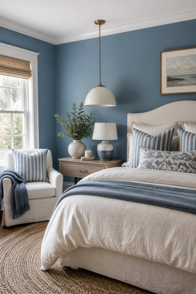 calm blue and white bedroom