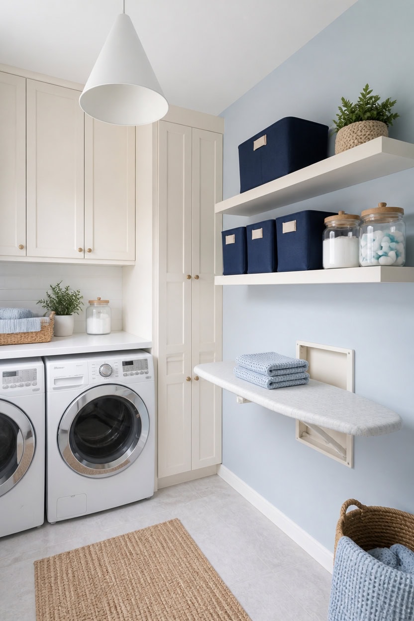 calm blue and white laundryroom