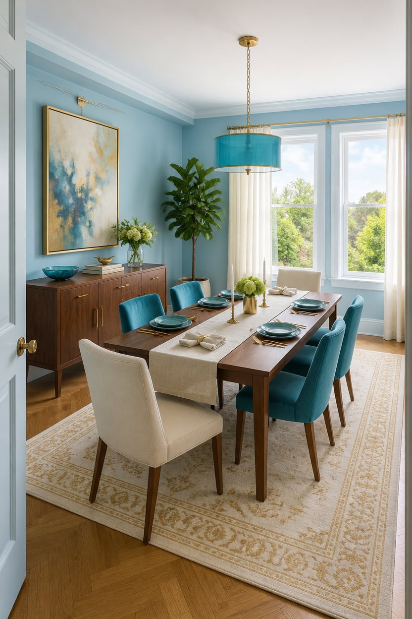 calm blue dining vignette
