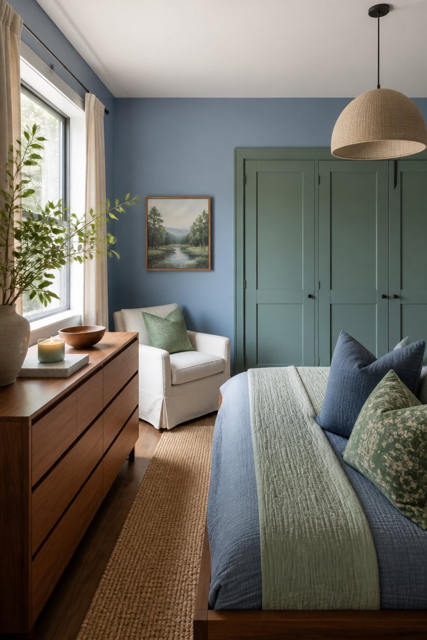 calm blue green bedroom vignette