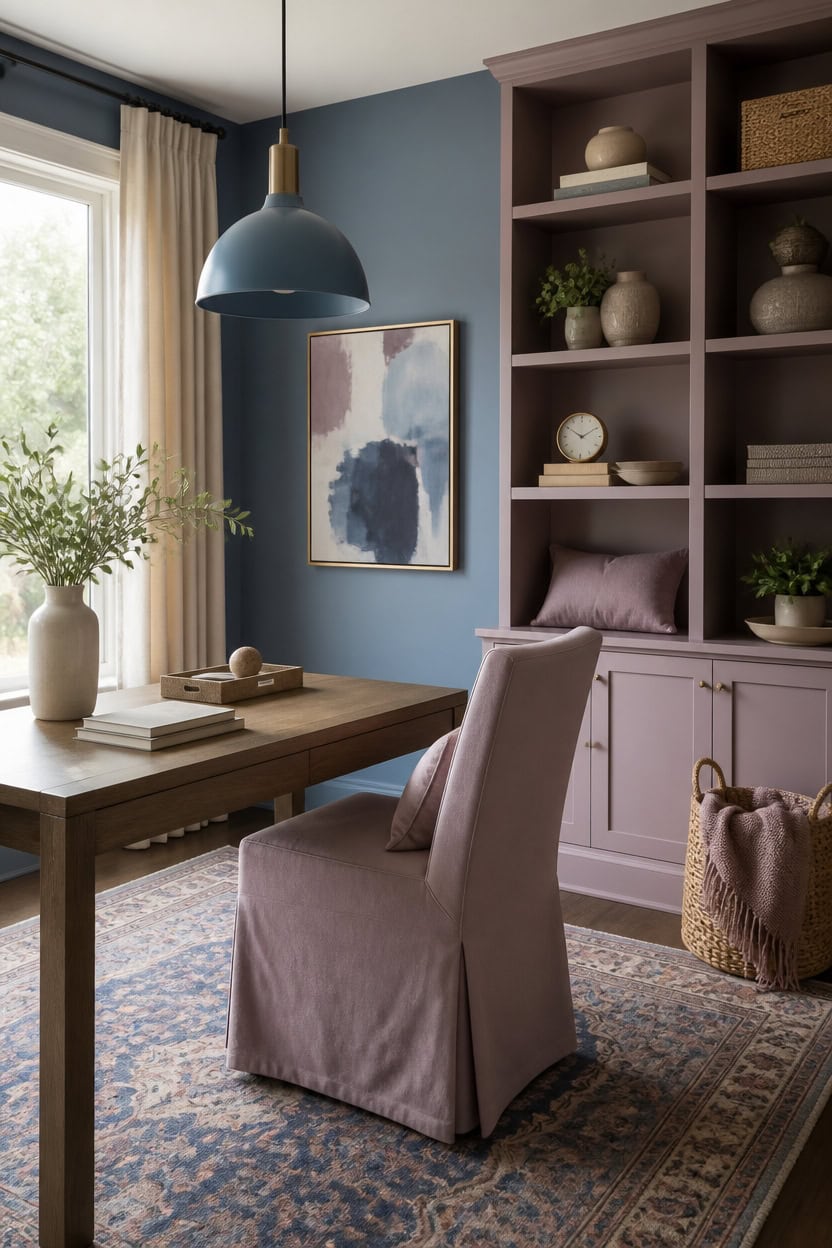 calm blue mauve workspace