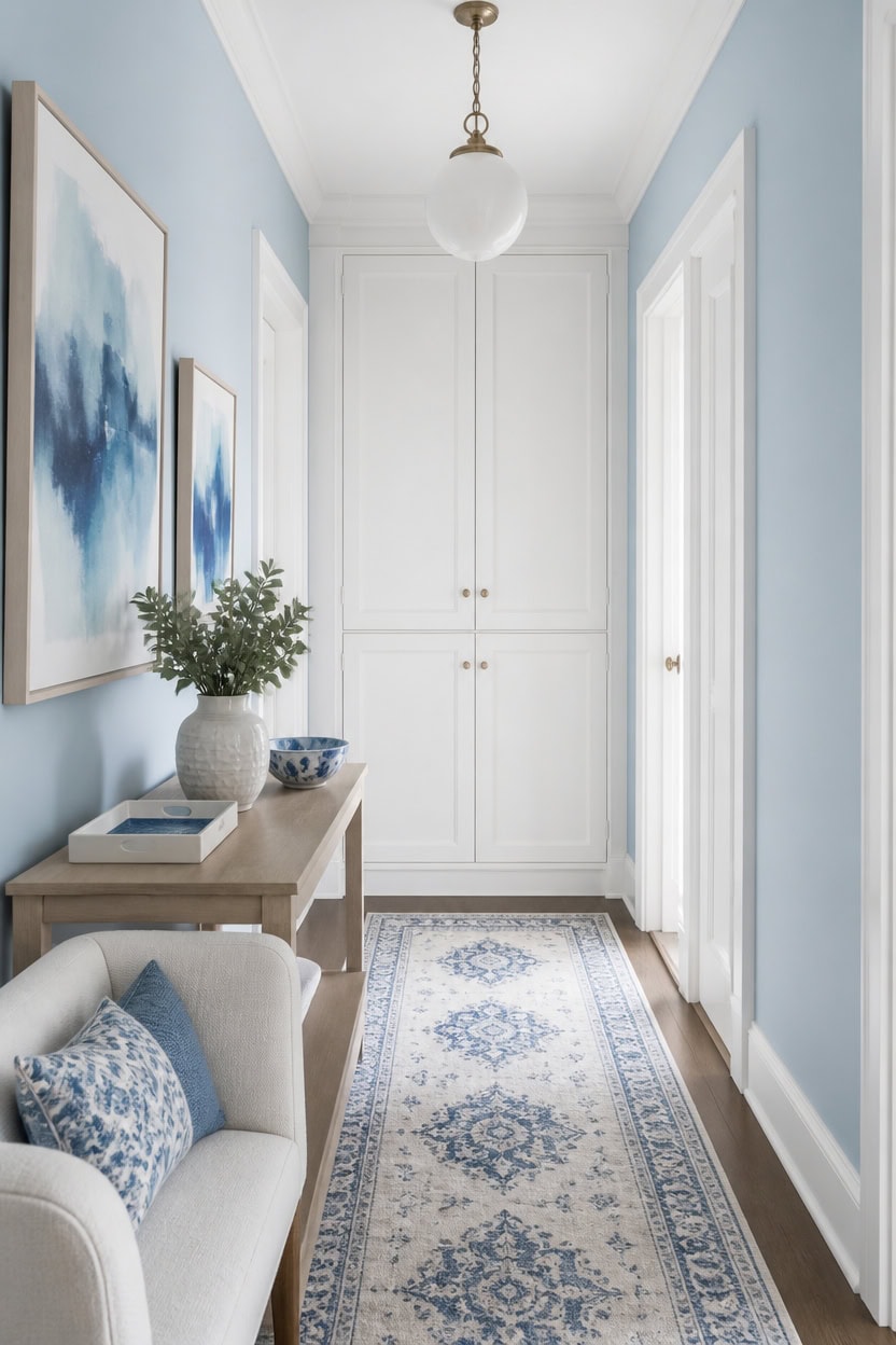 calm blue white entryway