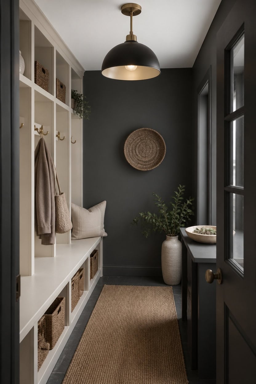 calm charcoal entryway with contrasts