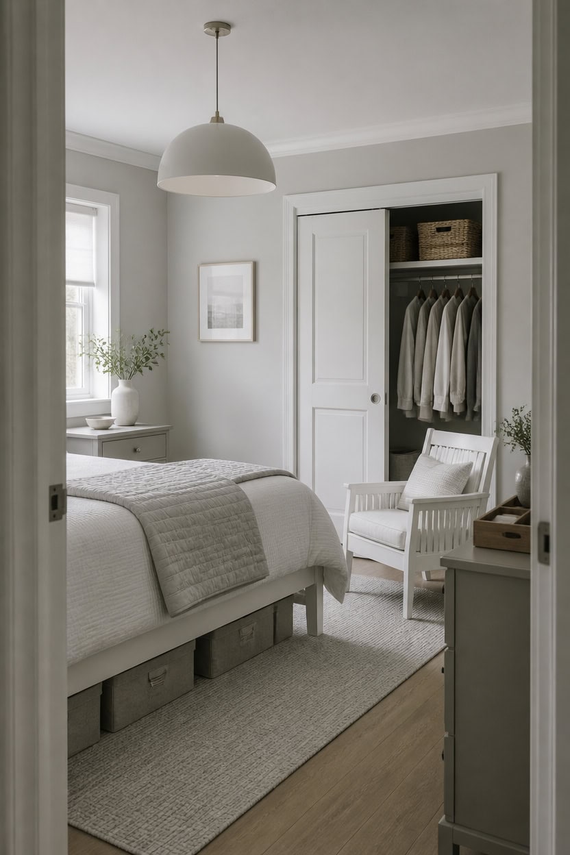 calm gray and white bedroom storage