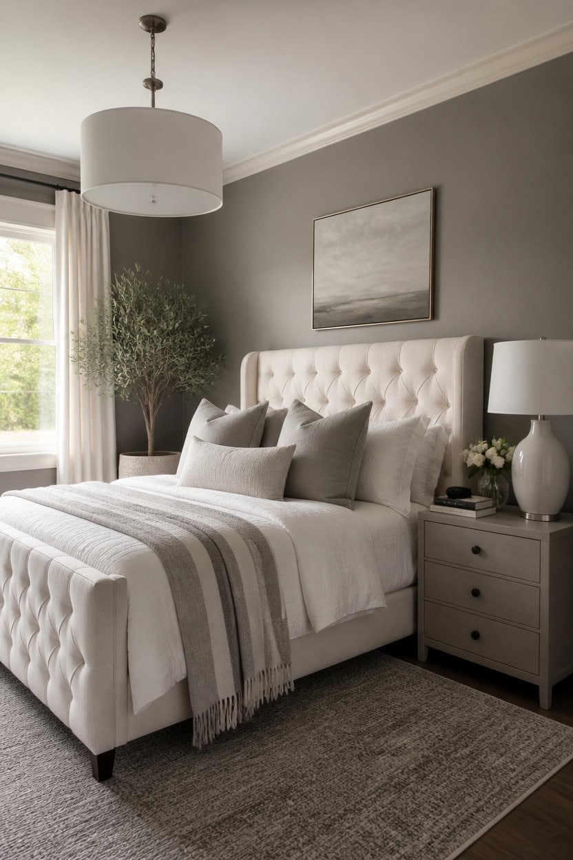 calm gray and white bedroom styling