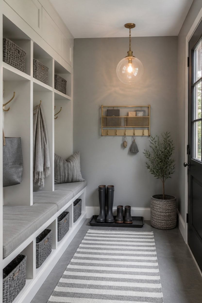 calm gray and white mudroom