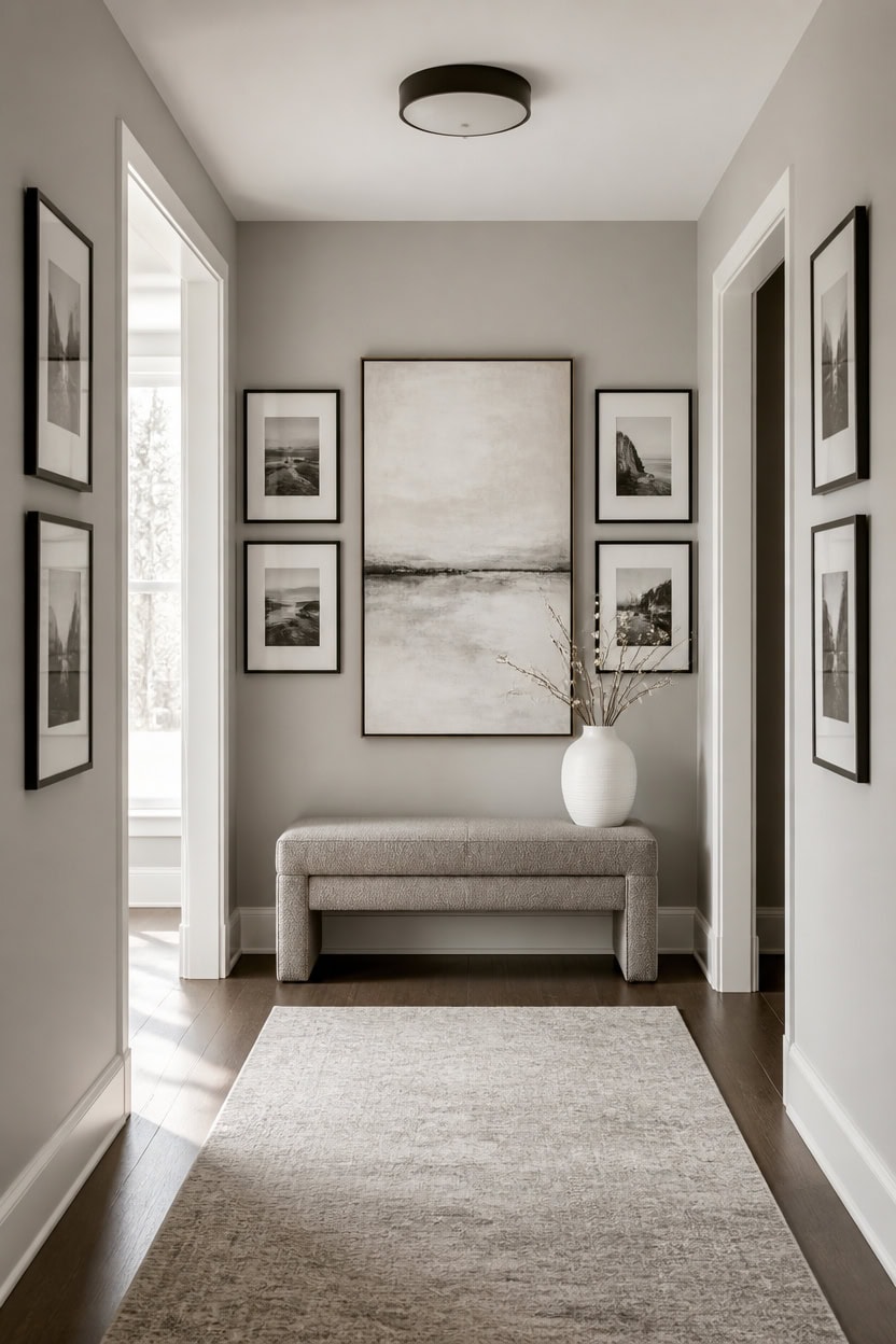 calm gray gallery hallway