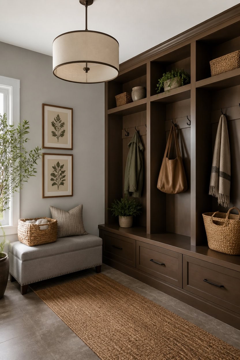 calm gray grounding brown accents