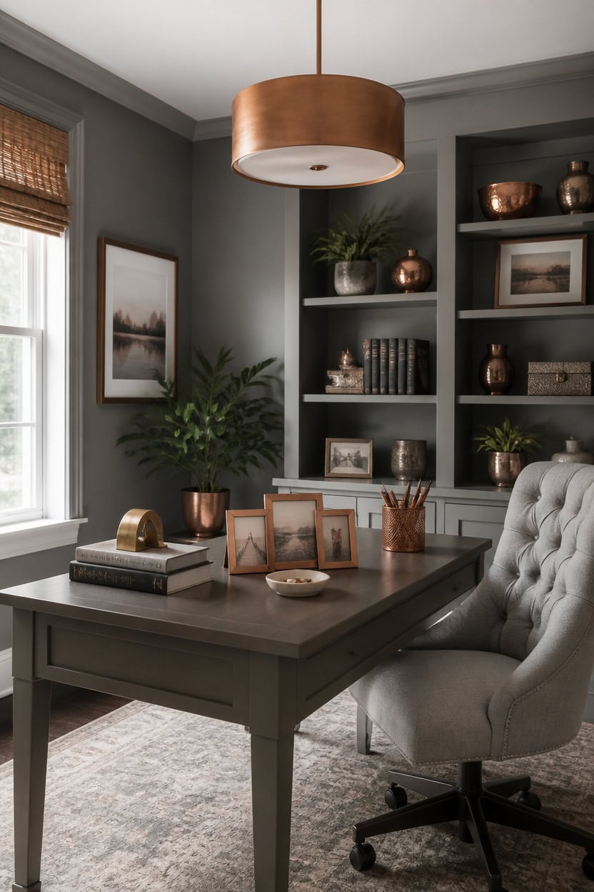calm gray shelves copper accents