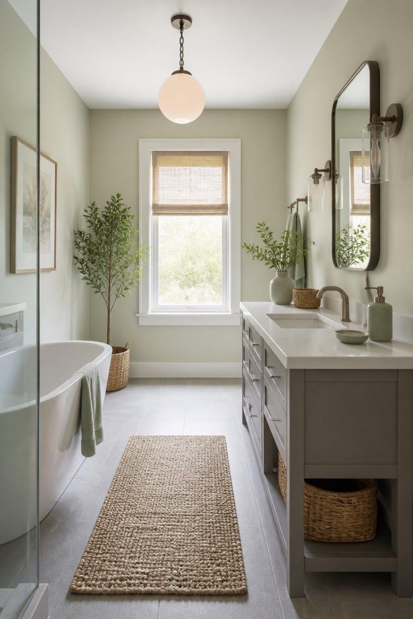 calm green gray bathroom styling