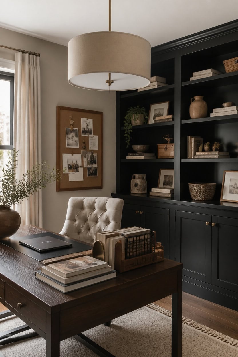 calm greige office with contrast
