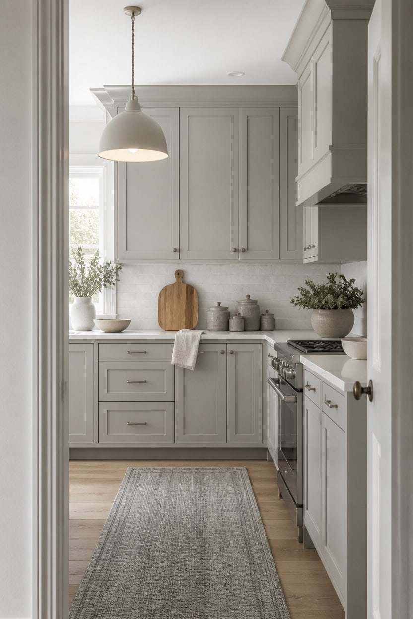 calm light gray cabinets focal