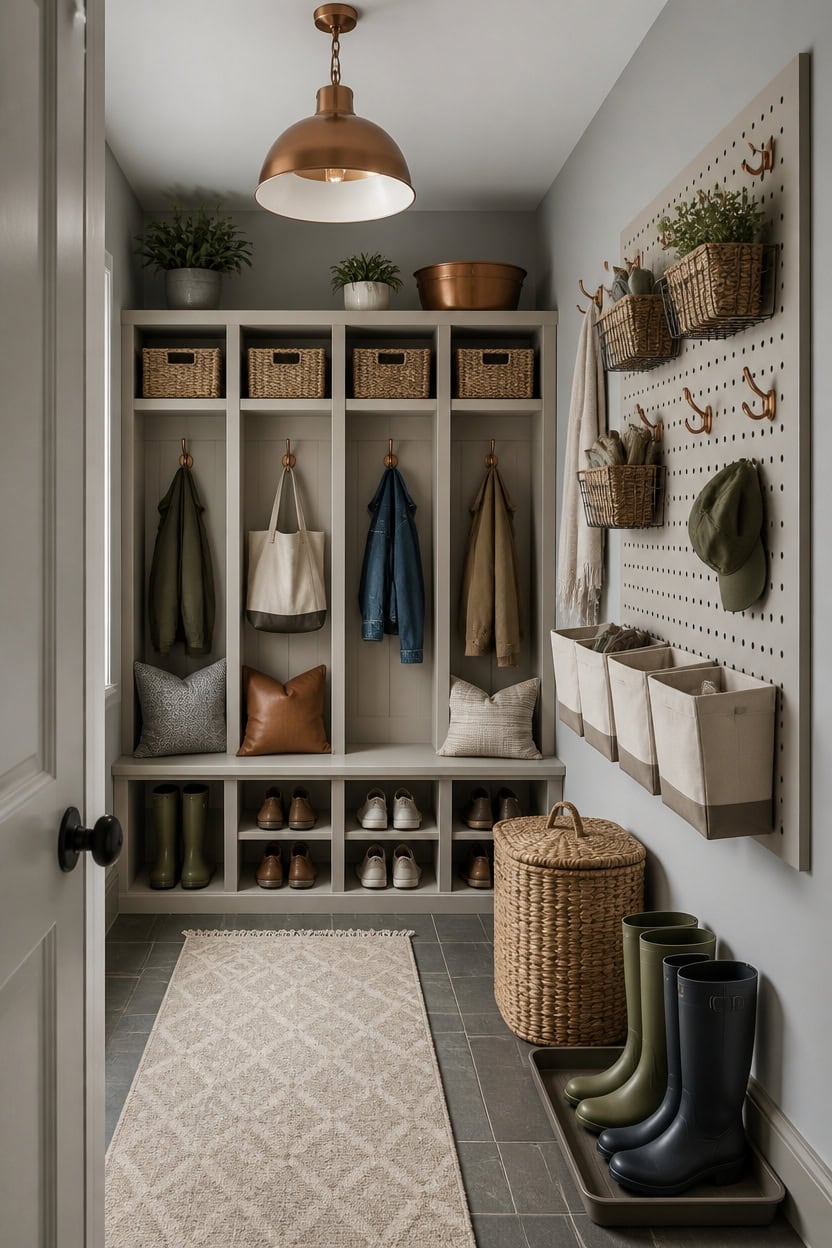 calmly organized gray entryway