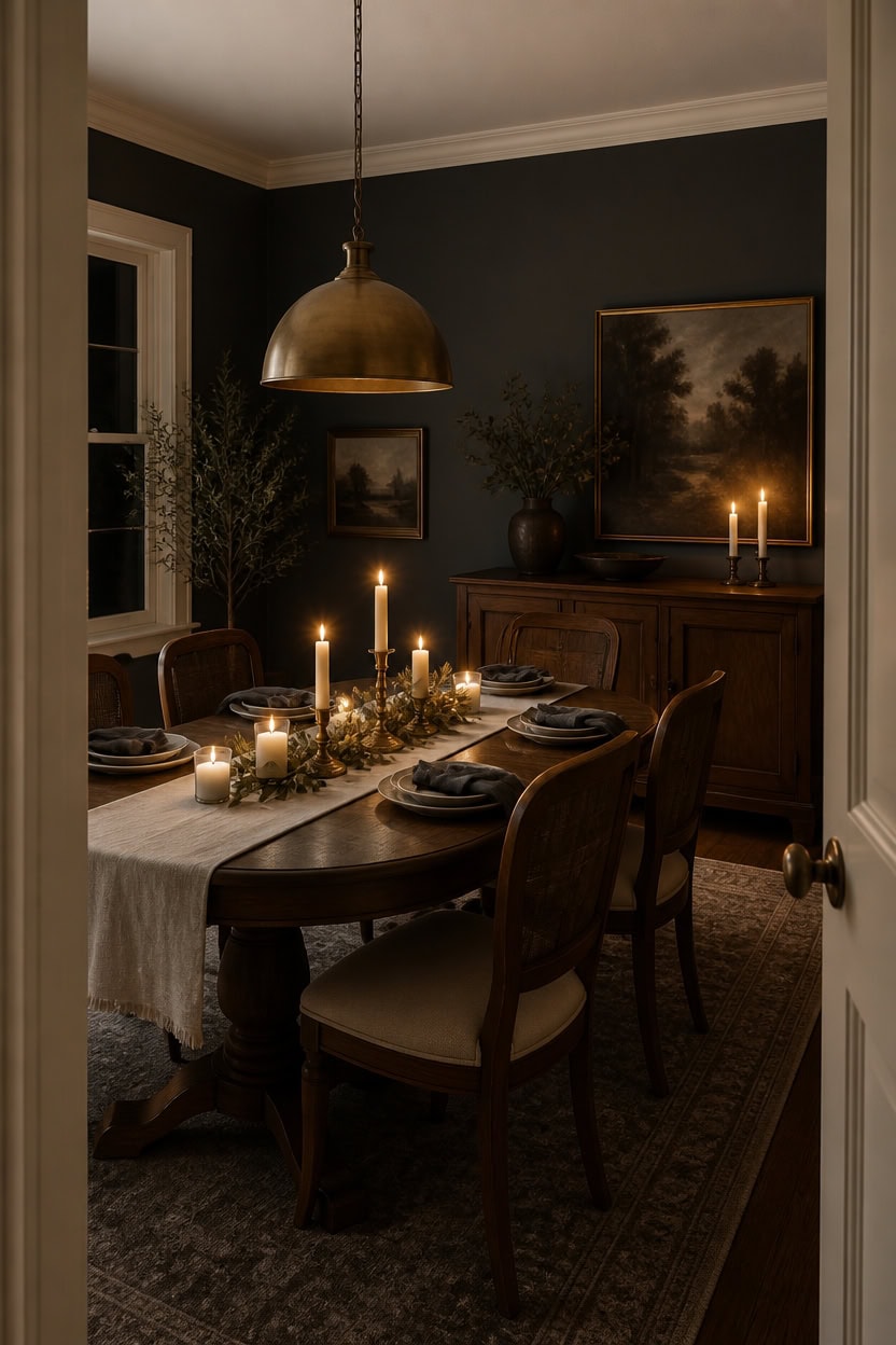 candlelit deep gray dining vignette