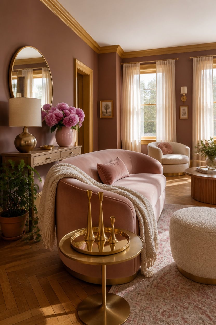 Cozy living room with pink velvet sofa, gold accents, and natural light.